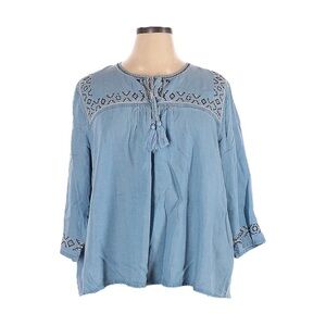 FDJ Boho Blue Embroidered Lightweight Chambray Blouse Size 16
